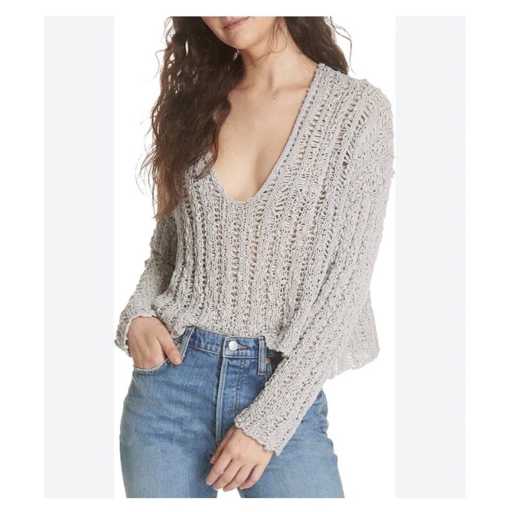Free People Womens Chunky Knit Cropped Gray Sweater Pullover Boho Cozy XS